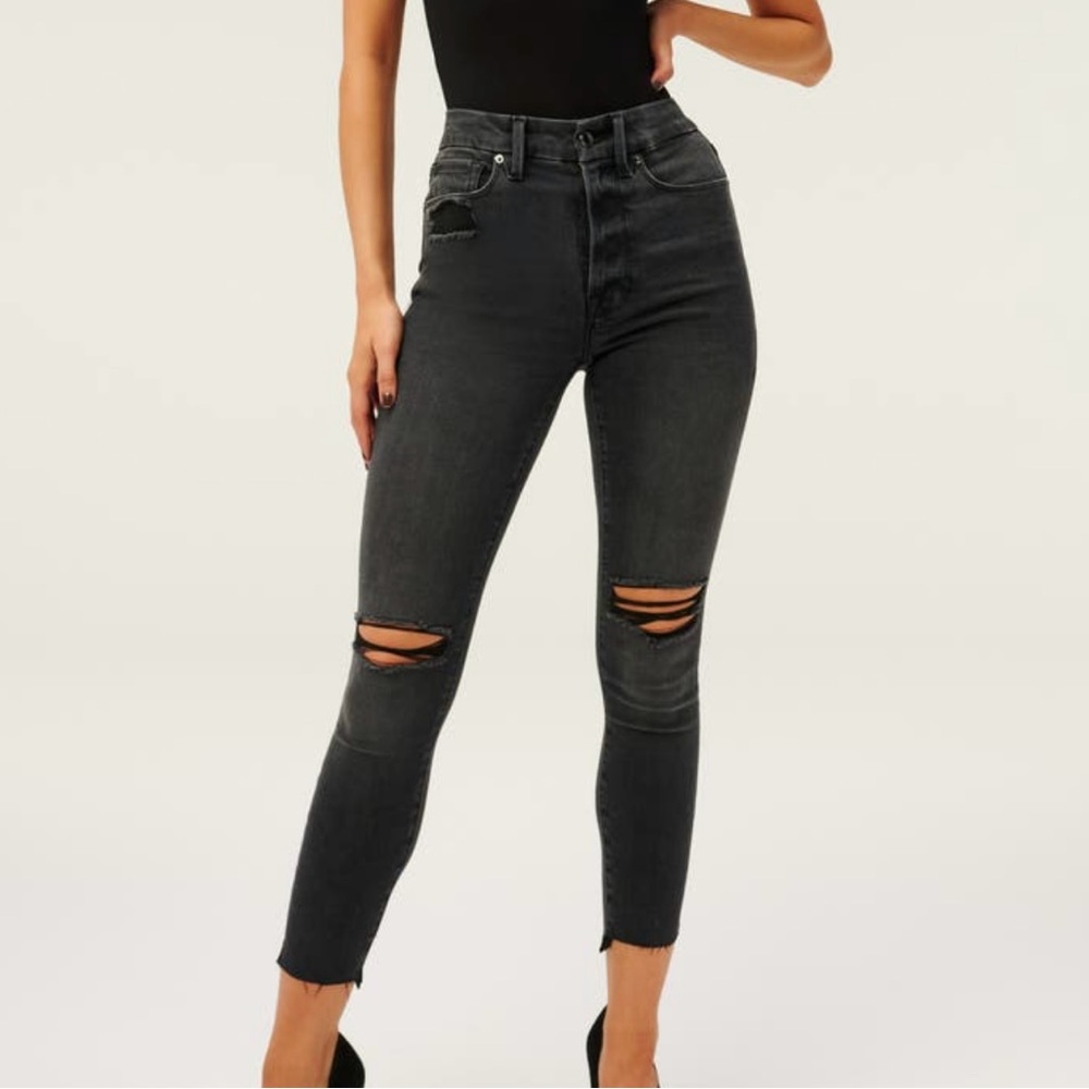 Good American | Good Legs Ripped Ankle Skinny Jeans in Black/Gray (US 14)